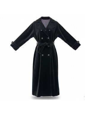 Womens Black Velvet Double-Breasted Belted Coat Warm Outerwear